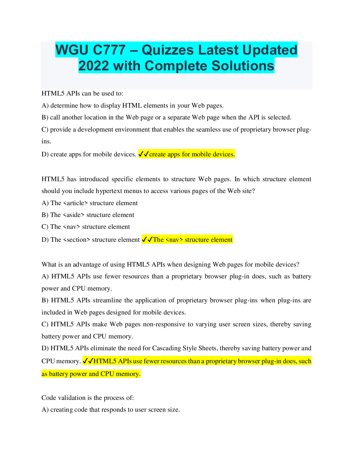 Preview image for WGU C777 – Quizzes Latest Updated 2022 with Complete Solutions
